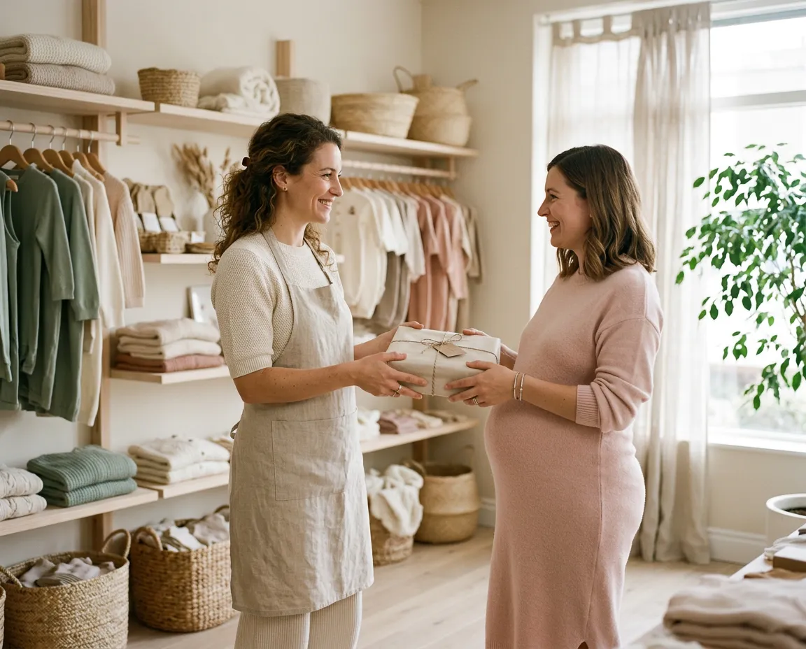 Commerçante remettant un paquet à une cliente enceinte dans sa boutique de maternité